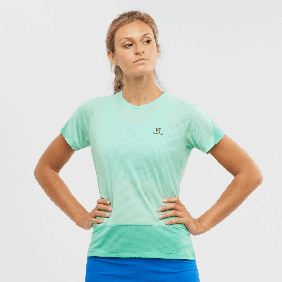 UK Women's Short Sleeve T-Shirt Cross Run Beach Glass-Pool Blue-Heather